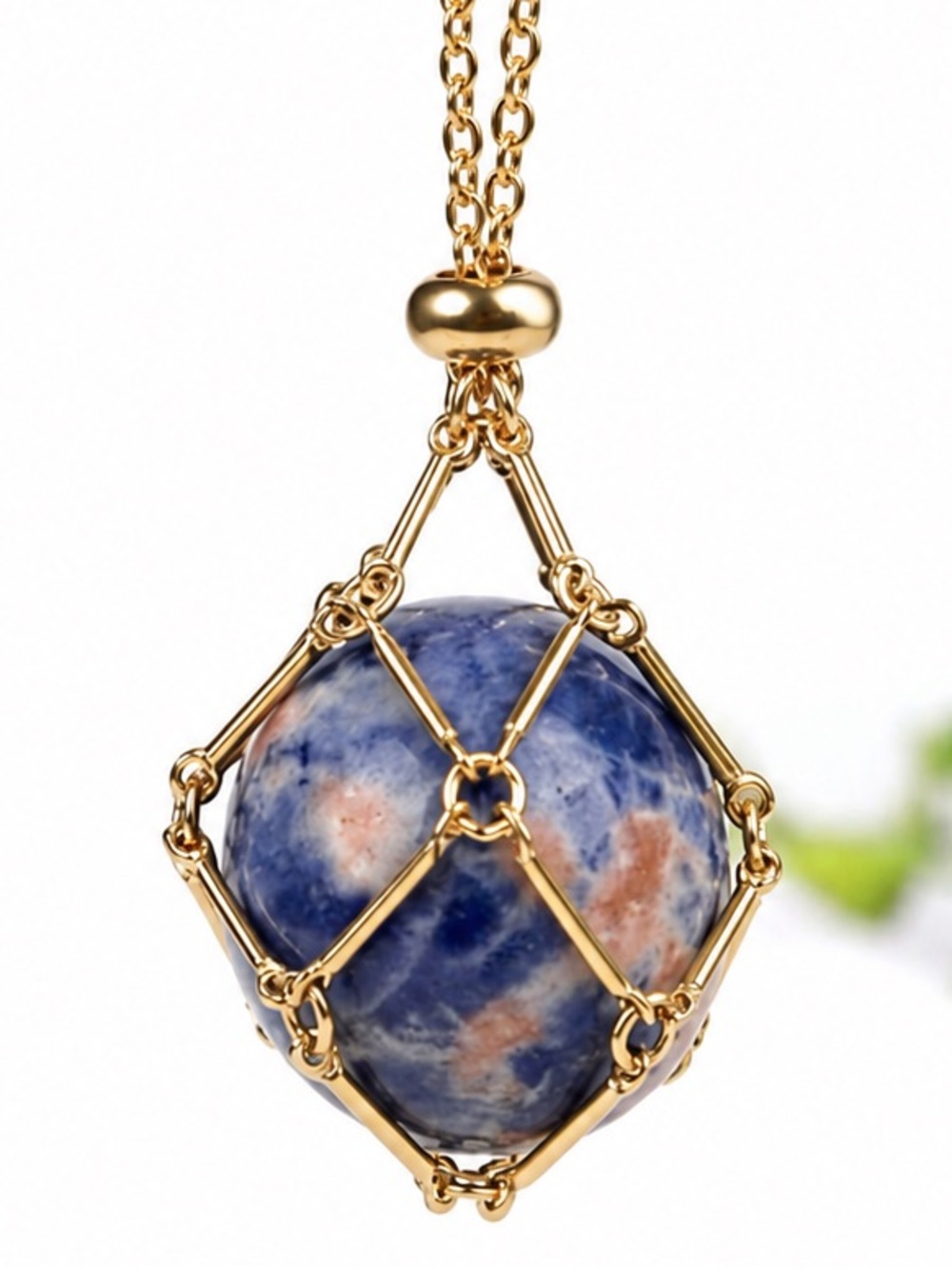 Caged Sunset Sodalite~ Orange Blue Marbled Crystal Stone Web Net Basket Necklace
